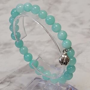 Ladybug Beaded Bracelet Light Blue Silver Tone Stretch Glass Beads Boho Bohemian